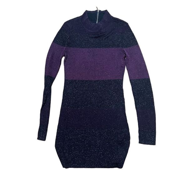 White House Black Market Tight Knit Sparkly Mock Neck Purple/Black Tunic Sweater - Picture 11 of 11
